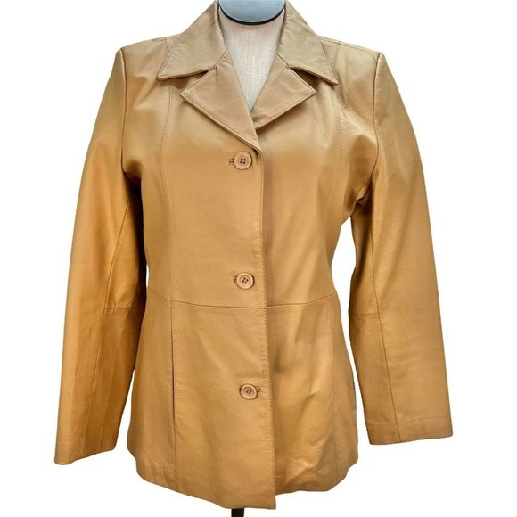 Dialogue Women's Medium Camel Leather Coat Polyester Lining Machine Wash - Picture 1 of 7